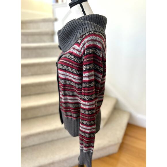 Eddie Bauer Red & Grey Fair Isle Cashmere & Angora Rabbit Cowl Neck Sweater - Picture 4 of 7